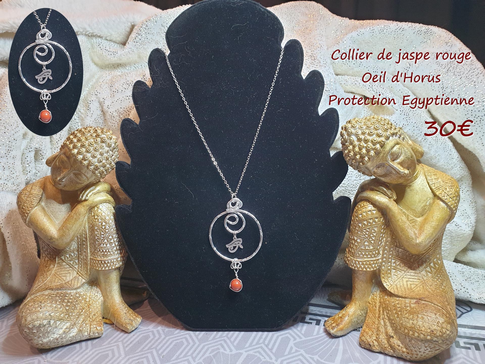 Collier jaspe rouge oeil d horus protection egyptienne 30 euros
