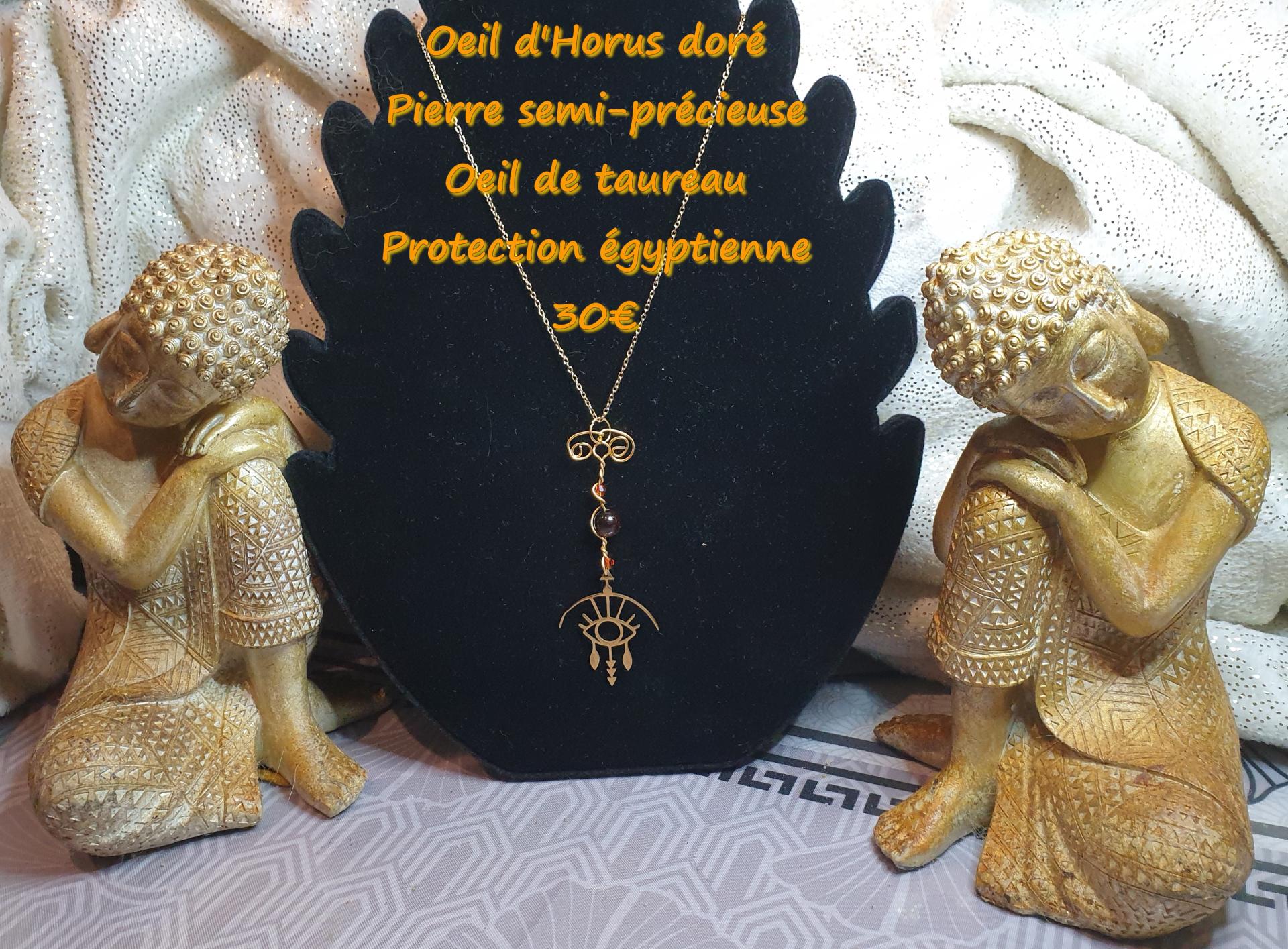 Collier oeil d horus dore pierre semi precieuse oeil de taureau protection egyptienne 30 euros 1