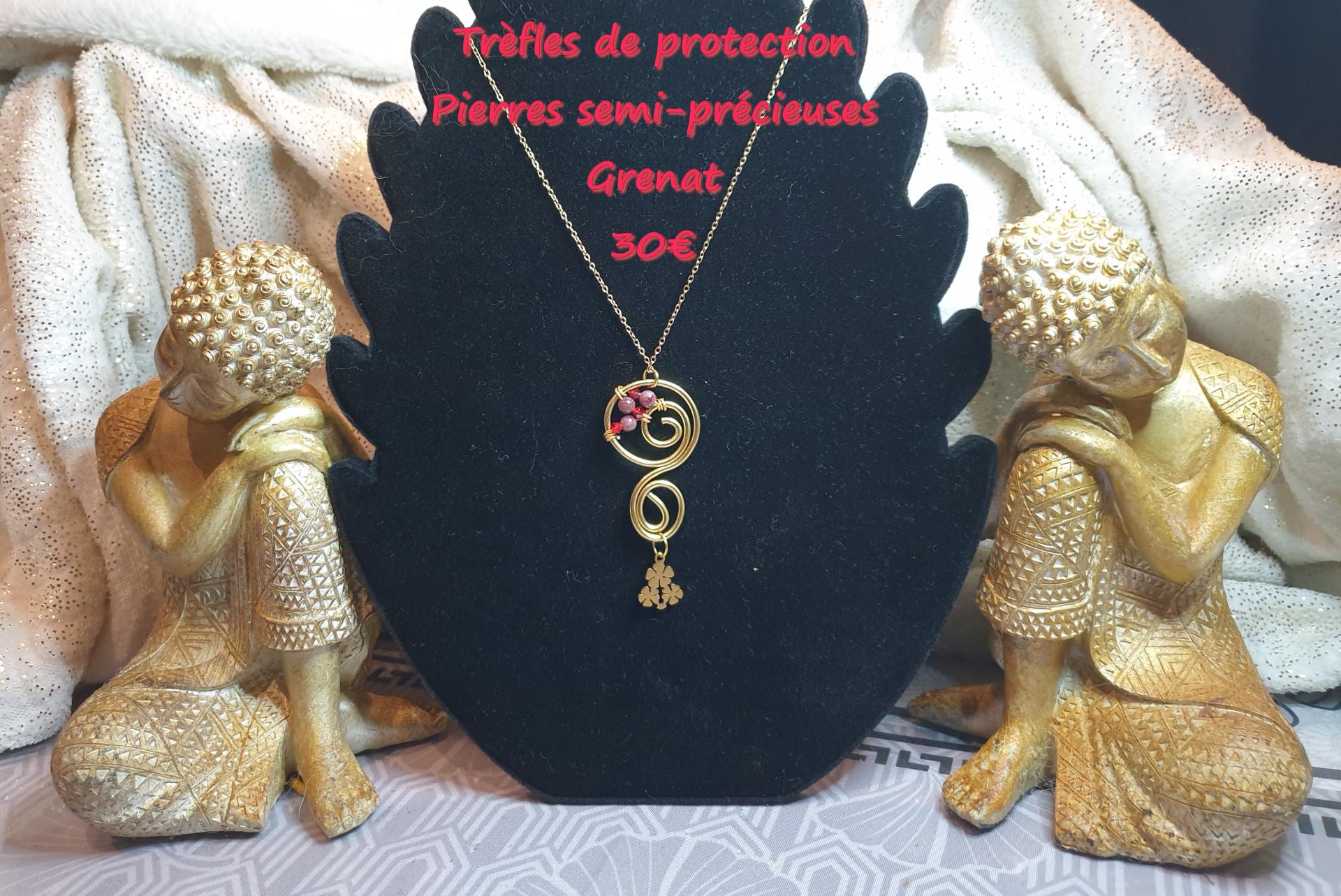Collier trefle protection pierre semi precieuse grenat 30 euros 1