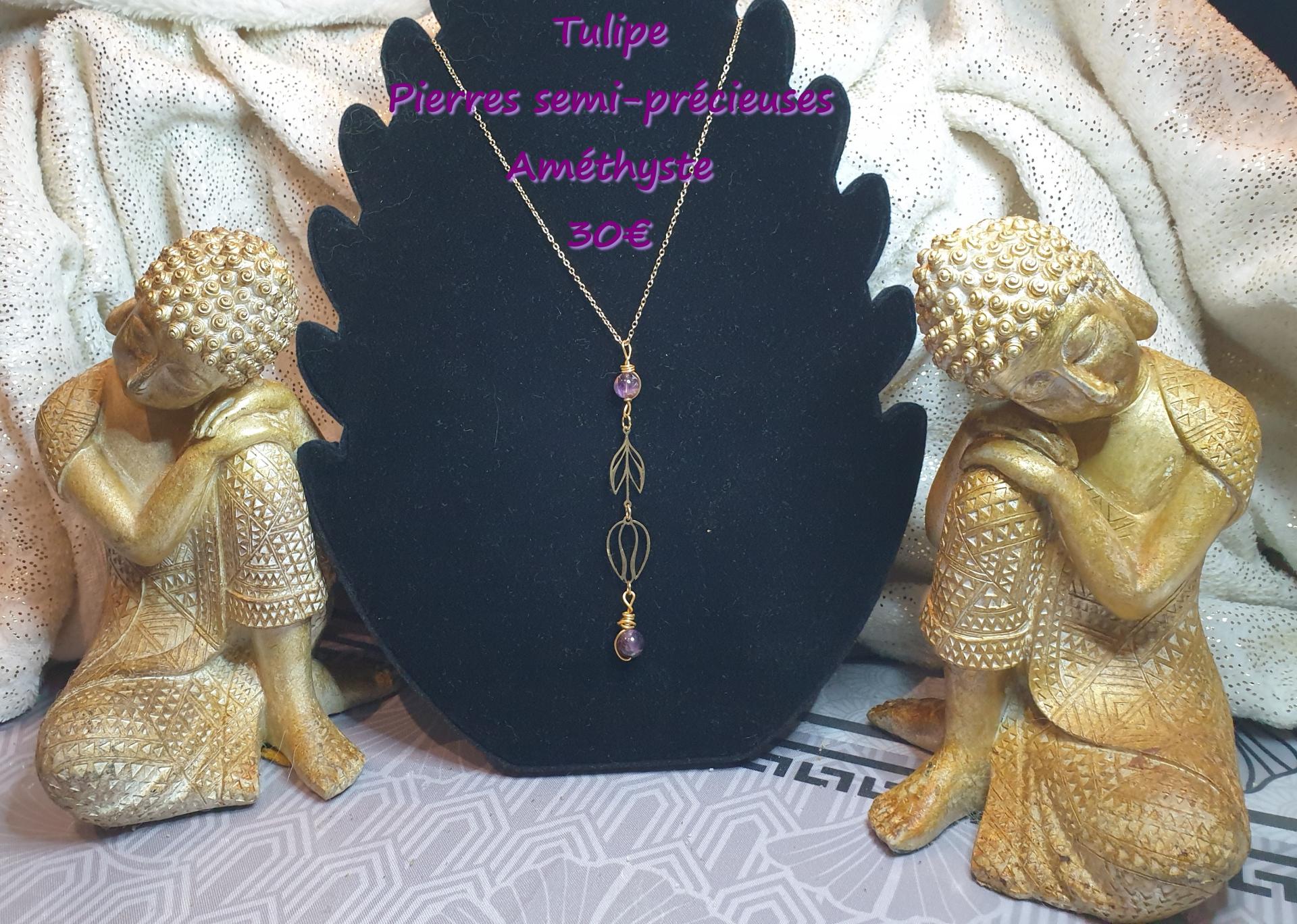 Collier tulipe pierre semi precieuse amethyste 30 euros 1